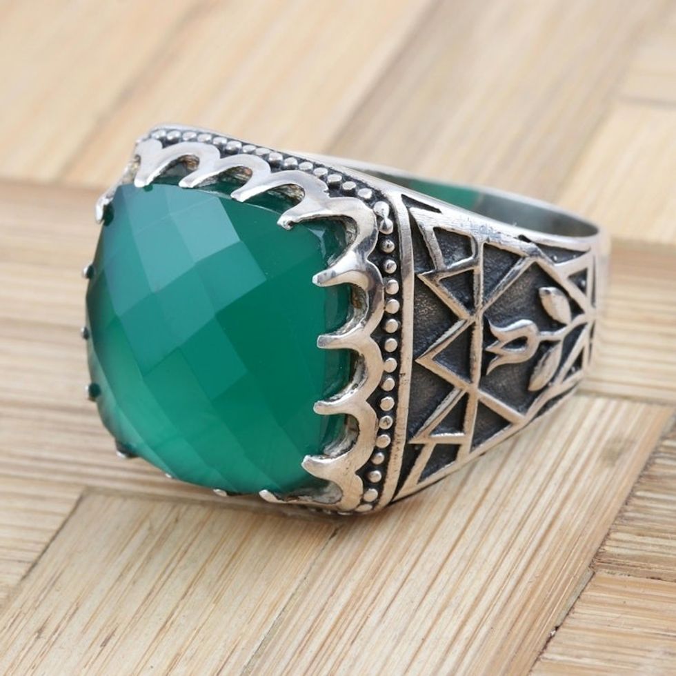 Men's Sterling Silver and Green Onyx Ring 'Tower Guard'
