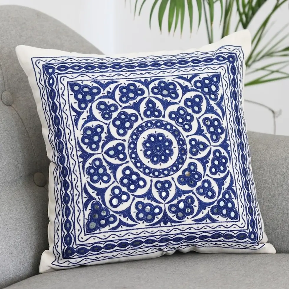 Embroidered Cotton Cushion Cover from India 'Royal Blue'