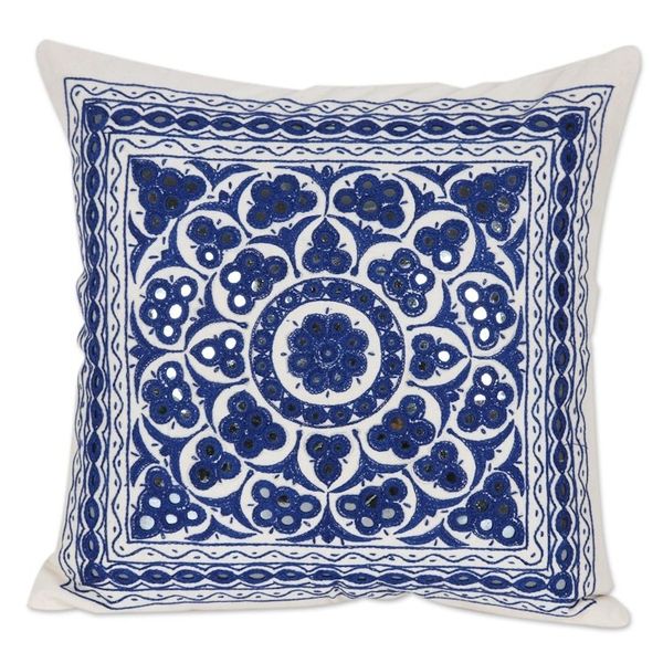 Alternate image for Embroidered Cotton Cushion Cover from India Royal Blue
