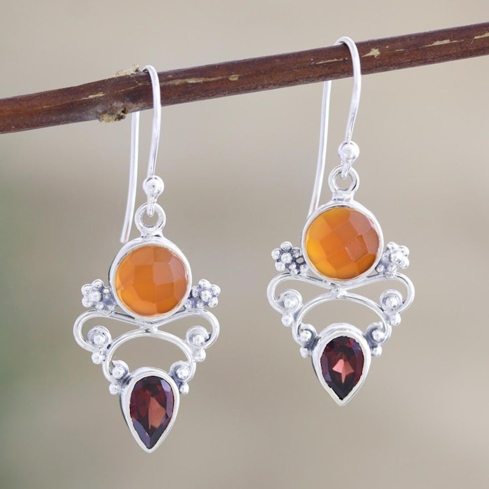 Indian Carnelian and Garnet Dangle Earrings 'Eternal Sun'