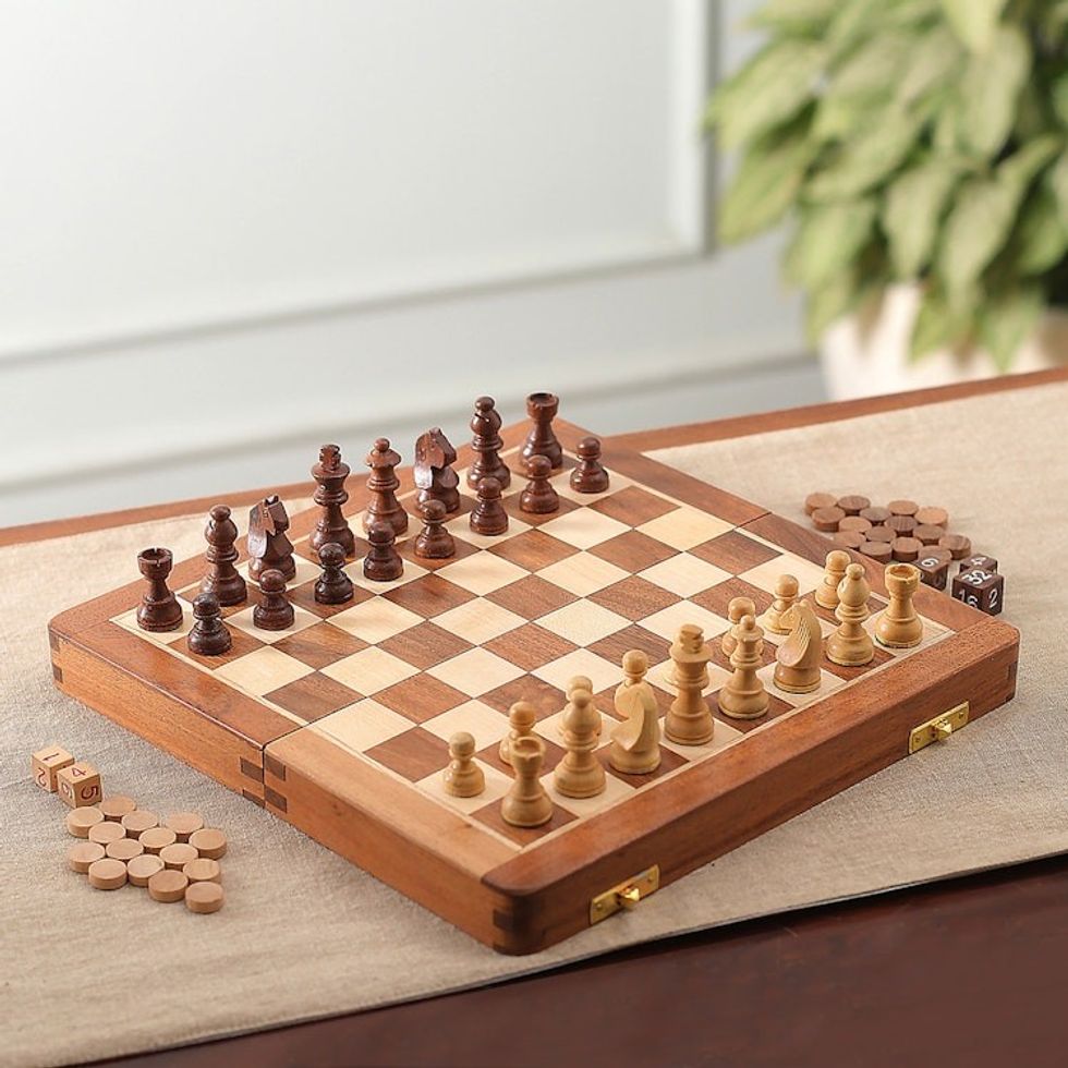 Acacia Wood Chess Set and Backgammon Board Game 'Challenge for Two'