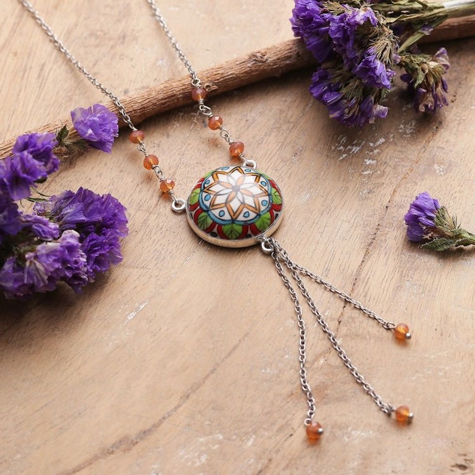 Mandala-Themed Hand-Painted Ceramic and Quartz Y Necklace 'Blossoming Mandala'
