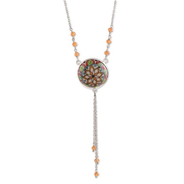 Alternate image for Mandala-Themed Hand-Painted Ceramic and Quartz Y Necklace Blossoming Mandala