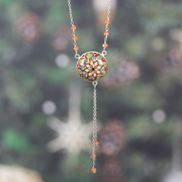 Alternate image for Mandala-Themed Hand-Painted Ceramic and Quartz Y Necklace Blossoming Mandala