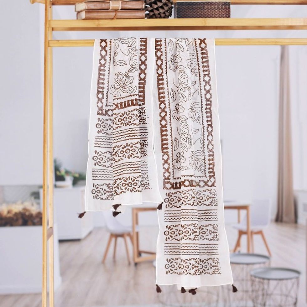 Indian Block-Printed Cotton Shawl 'Buoyant Blossom'