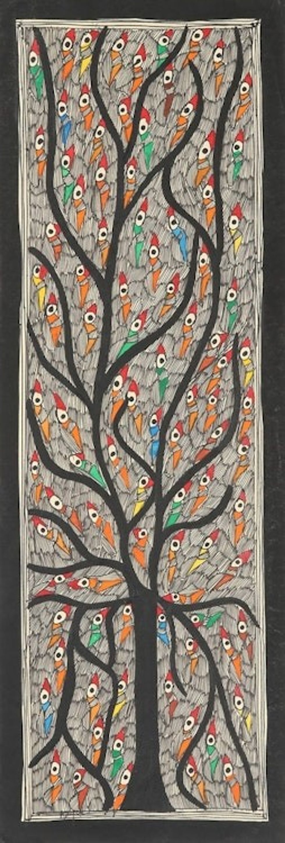 Signed Madhubani Painting with Colorful Birds 'Birds's Saga II'