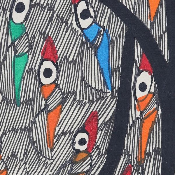 Alternate image for Signed Madhubani Painting with Colorful Birds Birdss Saga II