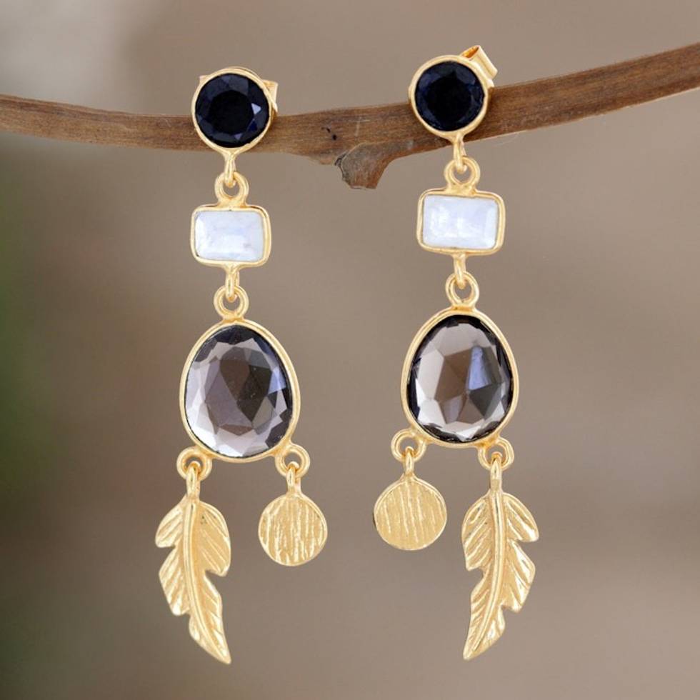 Gold-Plated Smoky Quartz and Black Onyx Dangle Earrings 'Winter Leaves'