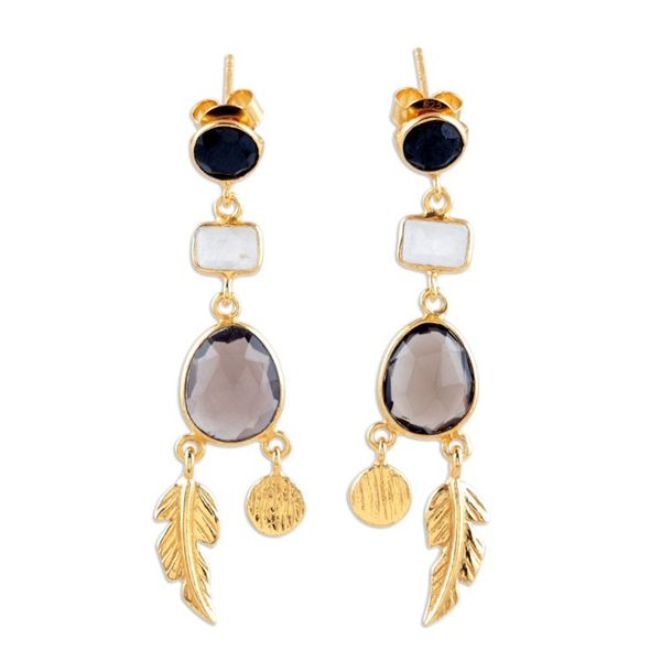 Alternate image for Gold-Plated Smoky Quartz and Black Onyx Dangle Earrings Winter Leaves