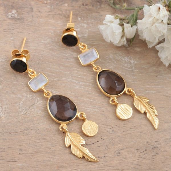 Alternate image for Gold-Plated Smoky Quartz and Black Onyx Dangle Earrings Winter Leaves