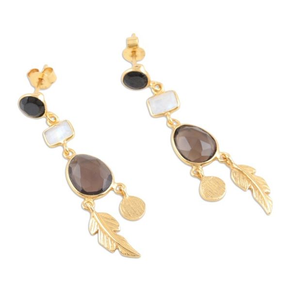 Alternate image for Gold-Plated Smoky Quartz and Black Onyx Dangle Earrings Winter Leaves