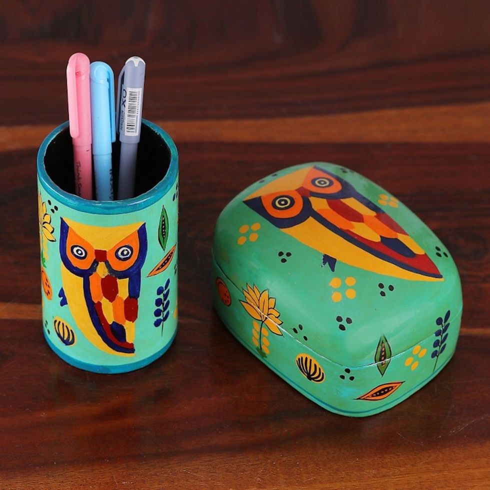 Papier Mache Owl-Motif Pen Holder 'Owl Story in Teal'
