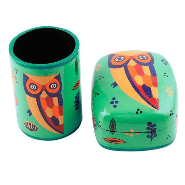 Alternate image for Papier Mache Owl-Motif Pen Holder Owl Story in Teal
