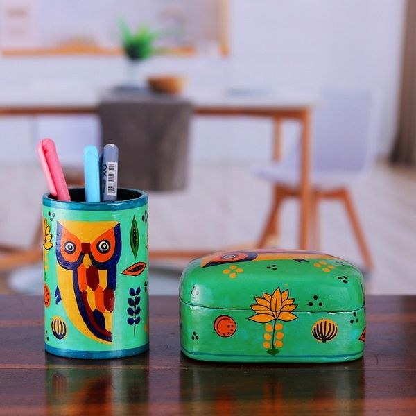 Alternate image for Papier Mache Owl-Motif Pen Holder Owl Story in Teal