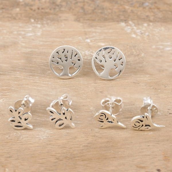 Alternate image for Nature-Themed Sterling Silver Stud Earrings Set of 3 Garden Trio