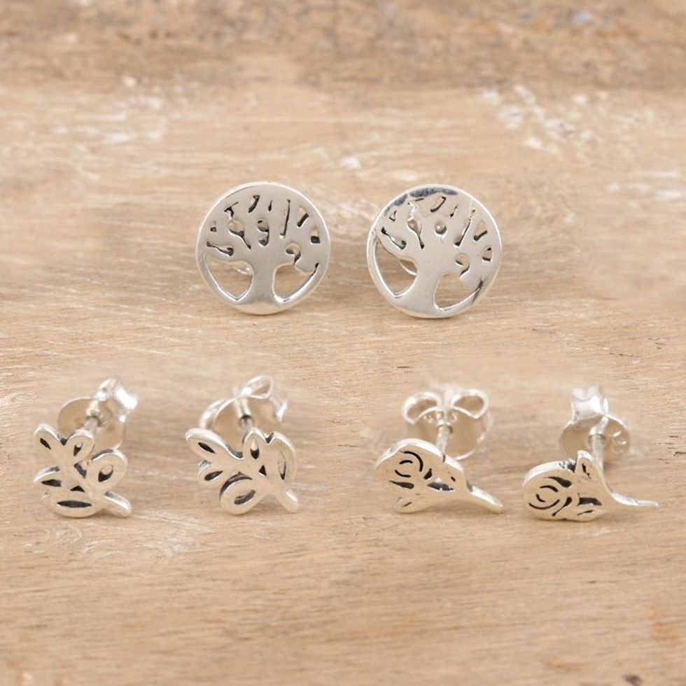 Nature-Themed Sterling Silver Stud Earrings Set of 3 'Garden Trio'