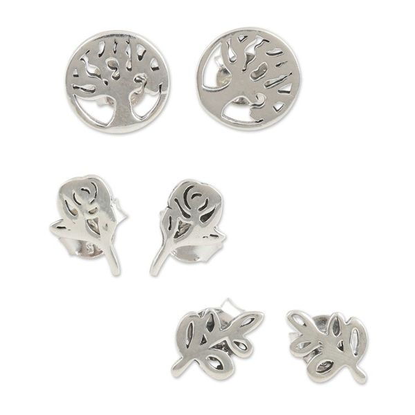 Alternate image for Nature-Themed Sterling Silver Stud Earrings Set of 3 Garden Trio