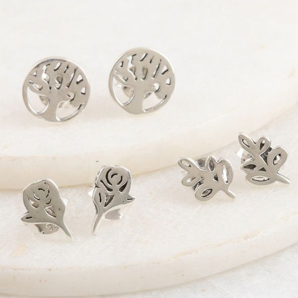 Alternate image for Nature-Themed Sterling Silver Stud Earrings Set of 3 Garden Trio