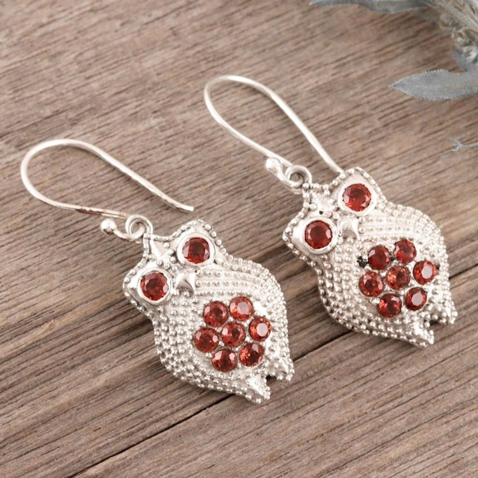 Sterling Silver and Garnet Owl-Motif Dangle Earrings 'Radiant Owl'