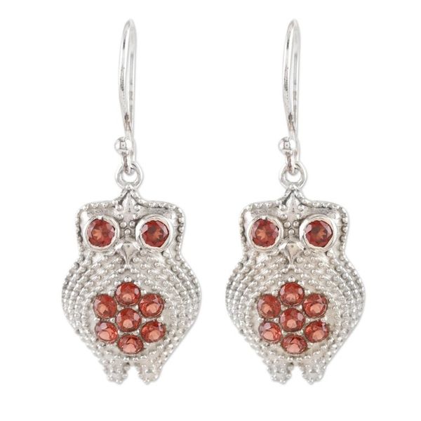 Alternate image for Sterling Silver and Garnet Owl-Motif Dangle Earrings Radiant Owl