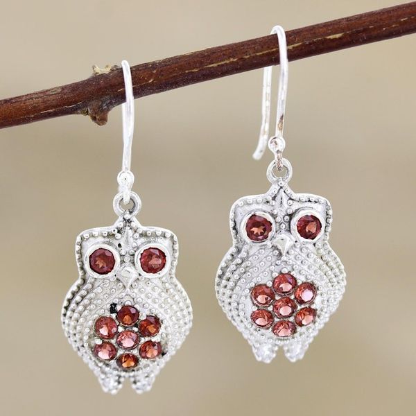 Alternate image for Sterling Silver and Garnet Owl-Motif Dangle Earrings Radiant Owl