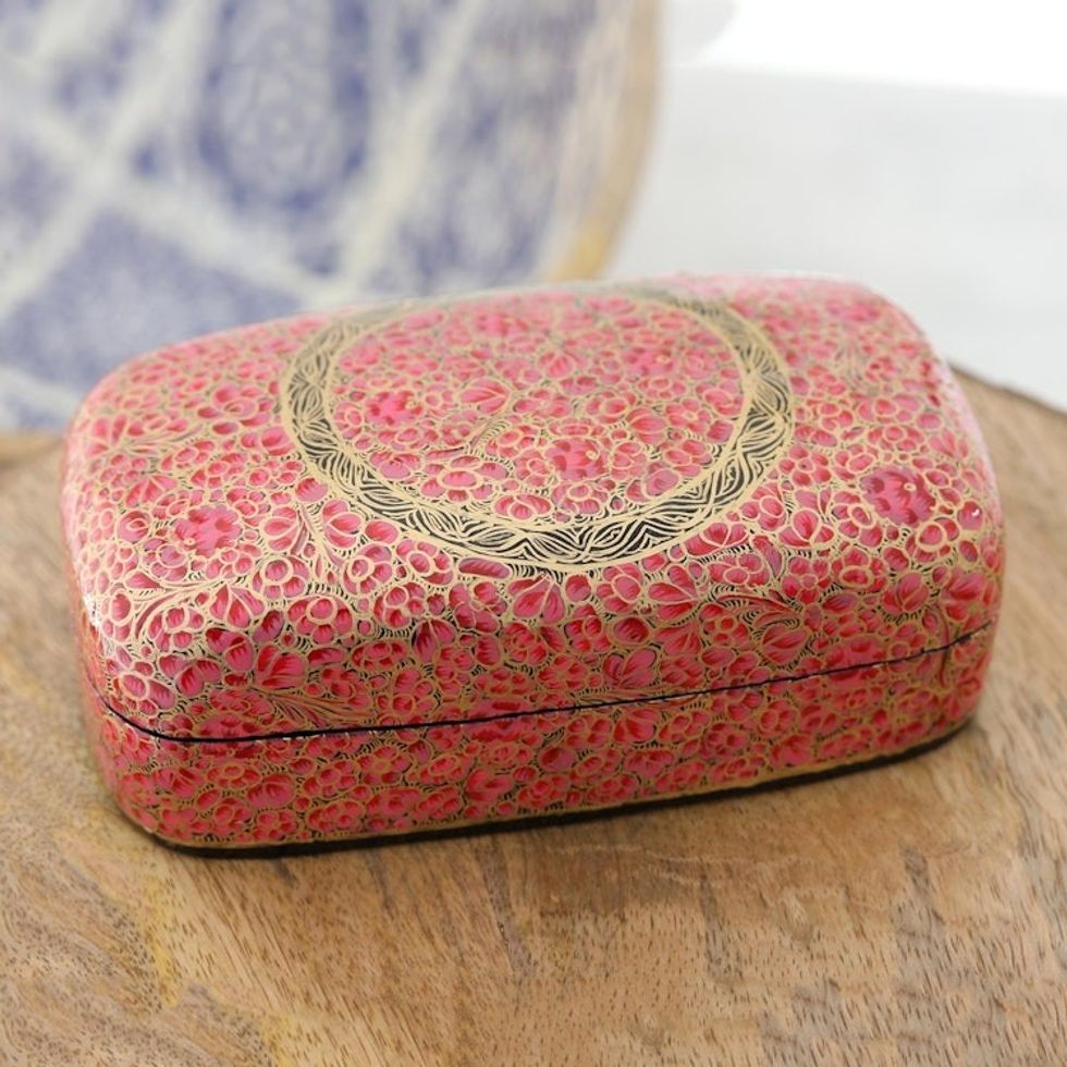 Hand-Painted Laquerware Papier Mache Box 'Kashmir Cheer in Pink'