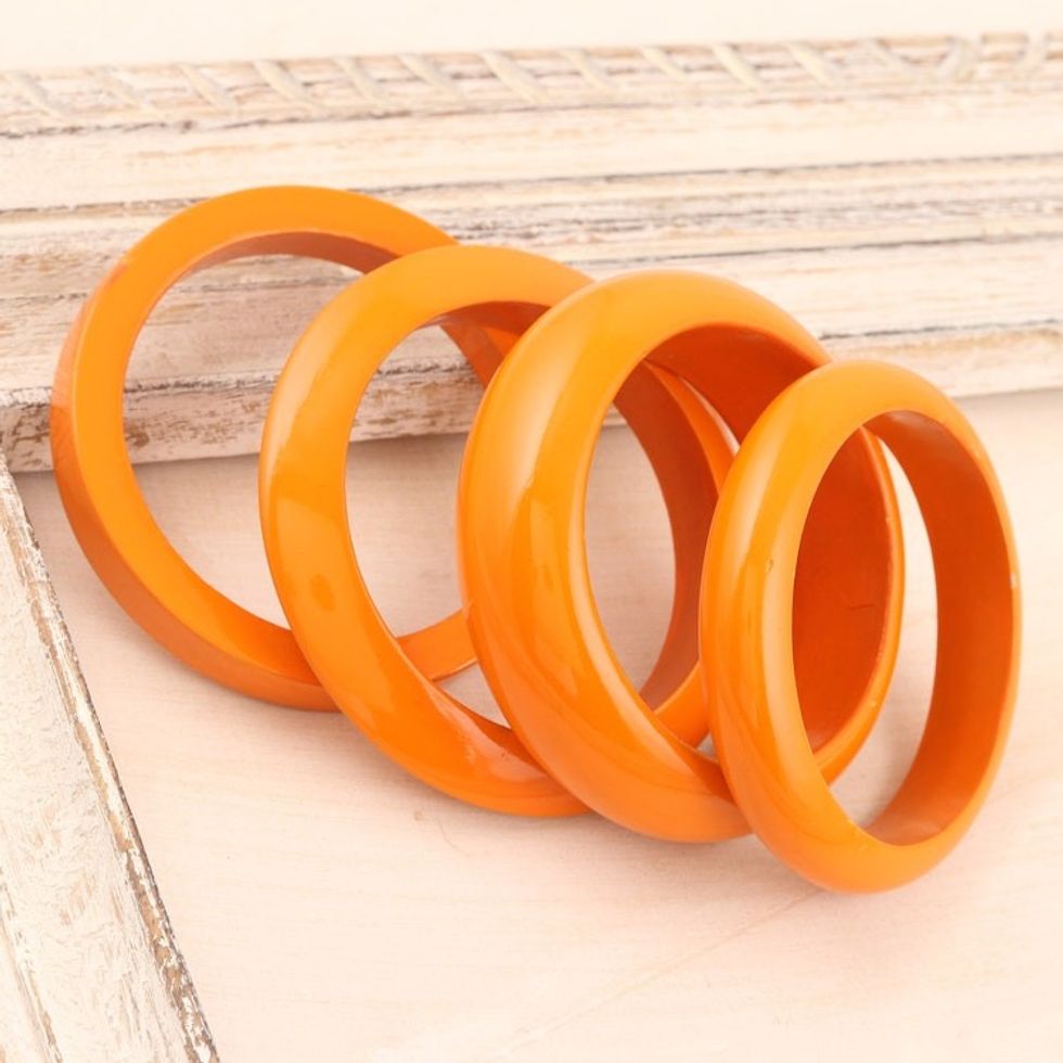 Set of 4 Mango Wood Orange Bangle Bracelets from India 'Orange Fusion'