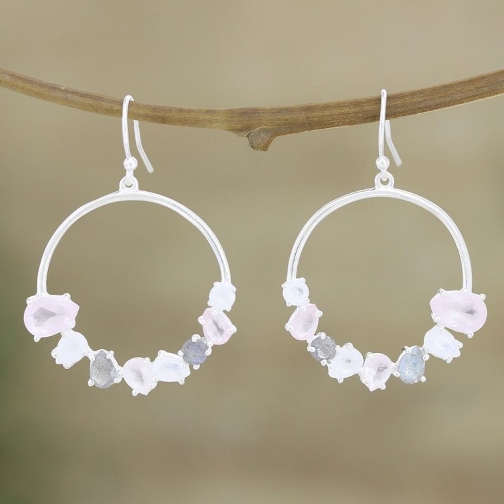 Hand Made Rose Quartz and Labradorite Dangle Earrings 'Portal to Heaven'