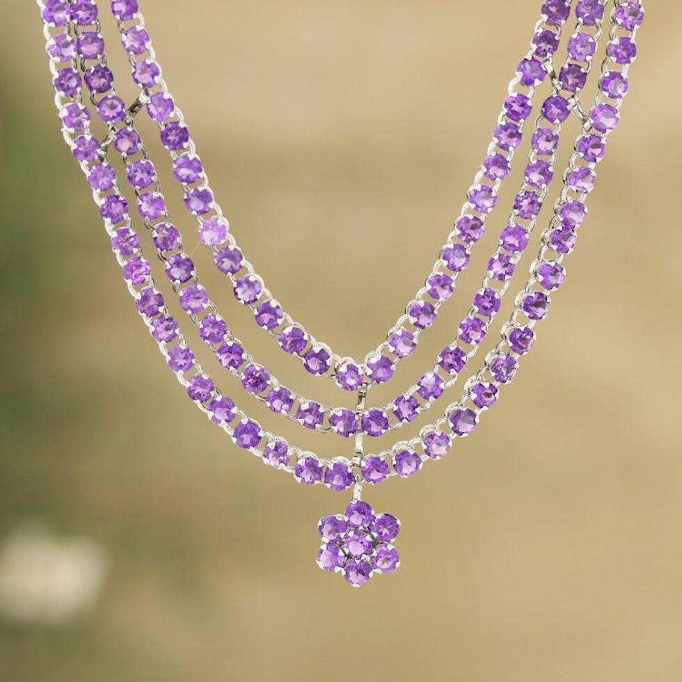 Rhodium-Plated Amethyst Pendant Necklace from India 'Amethyst Queen'