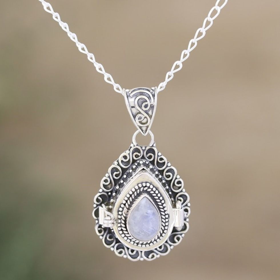 Rainbow Moonstone and Sterling Silver Locket Necklace 'Question Mark'