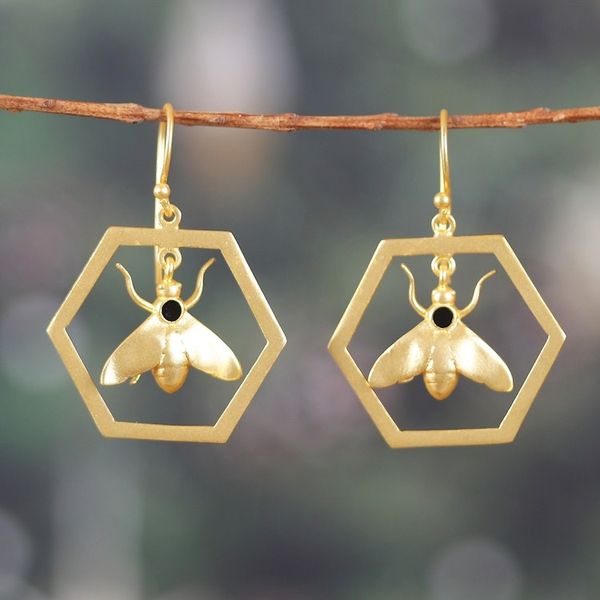 Alternate image for Bee-Themed High-Polished Brass Dangle Earrings from India Bee Golden