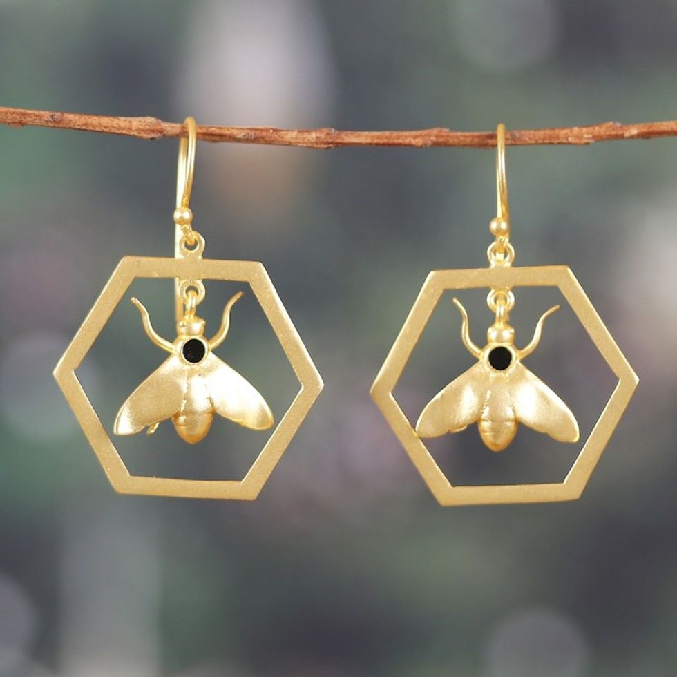 Bee-Themed High-Polished Brass Dangle Earrings from India 'Bee Golden'