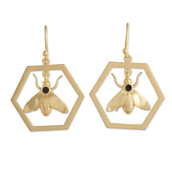 Alternate image for Bee-Themed High-Polished Brass Dangle Earrings from India Bee Golden