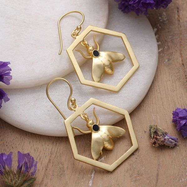 Alternate image for Bee-Themed High-Polished Brass Dangle Earrings from India Bee Golden