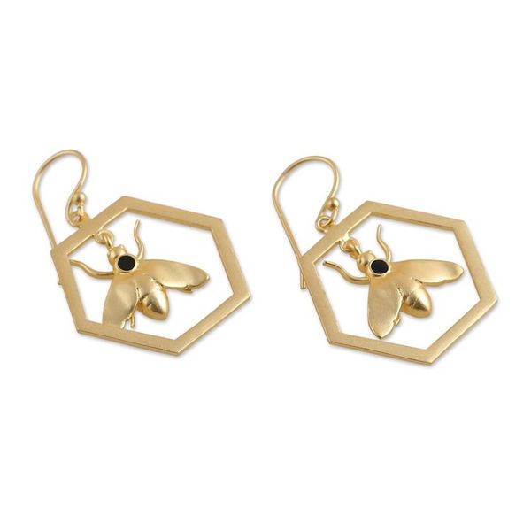 Alternate image for Bee-Themed High-Polished Brass Dangle Earrings from India Bee Golden