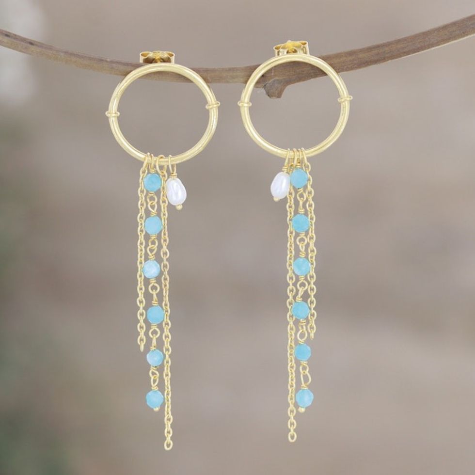 Gold-Plated Chalcedony and Cultured Pearl Dangle Earrings 'Light Rain'