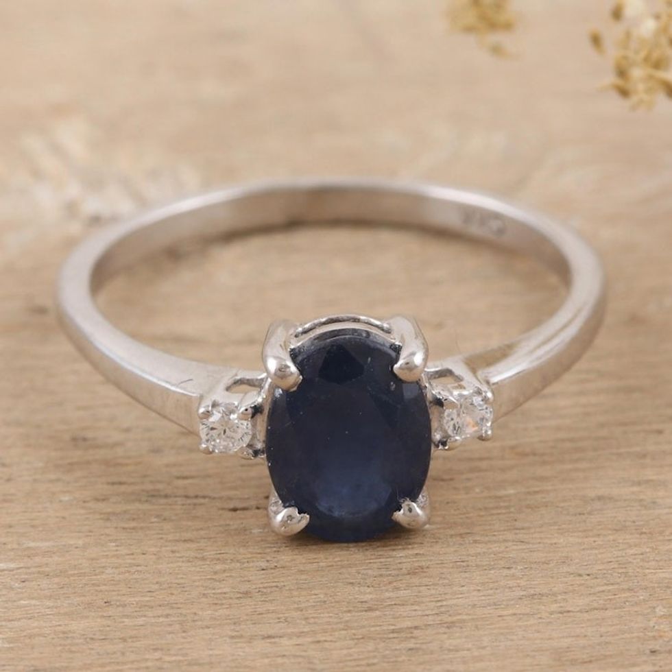 Rhodium-Plated Sapphire and Cubic Zirconia Ring 'Depth of Dreams'