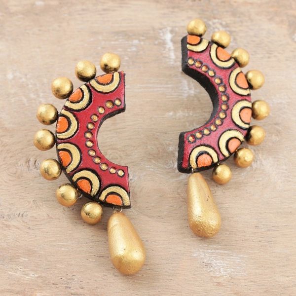Alternate image for Hand-Painted Ceramic Earrings Colorful Crescent