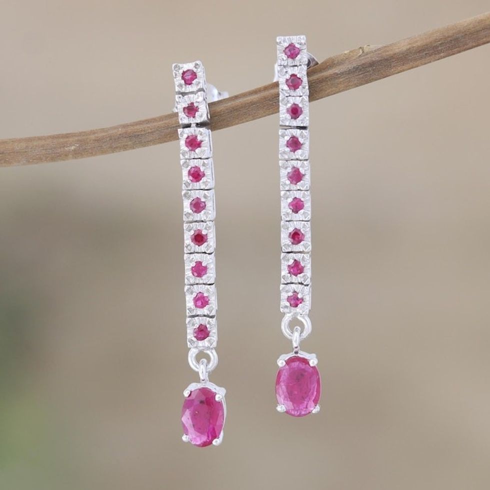 Hand Crafted Rhodium-Plated Ruby Dangle Earrings 'Princess Lover'
