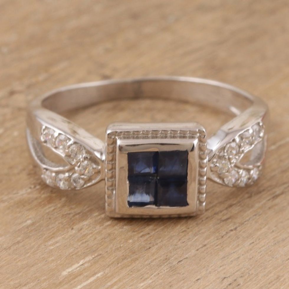 Rhodium-Plated Sapphire and Cubic Zirconia Cocktail Ring 'Royal Plaza'