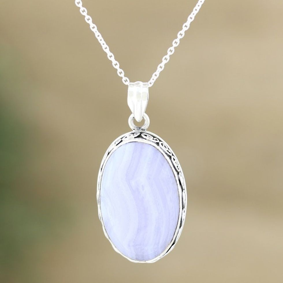 Blue Lace Agate and Sterling Silver Pendant Necklace 'Antique Lace'