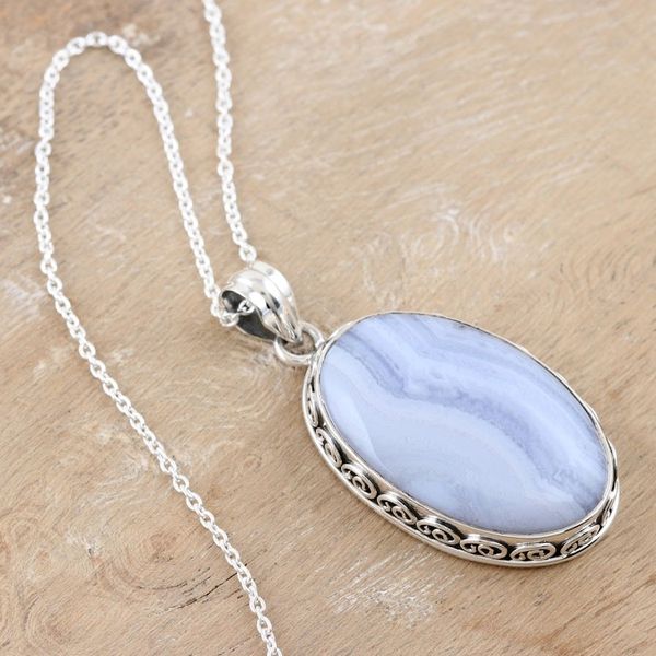 Alternate image for Blue Lace Agate and Sterling Silver Pendant Necklace Antique Lace