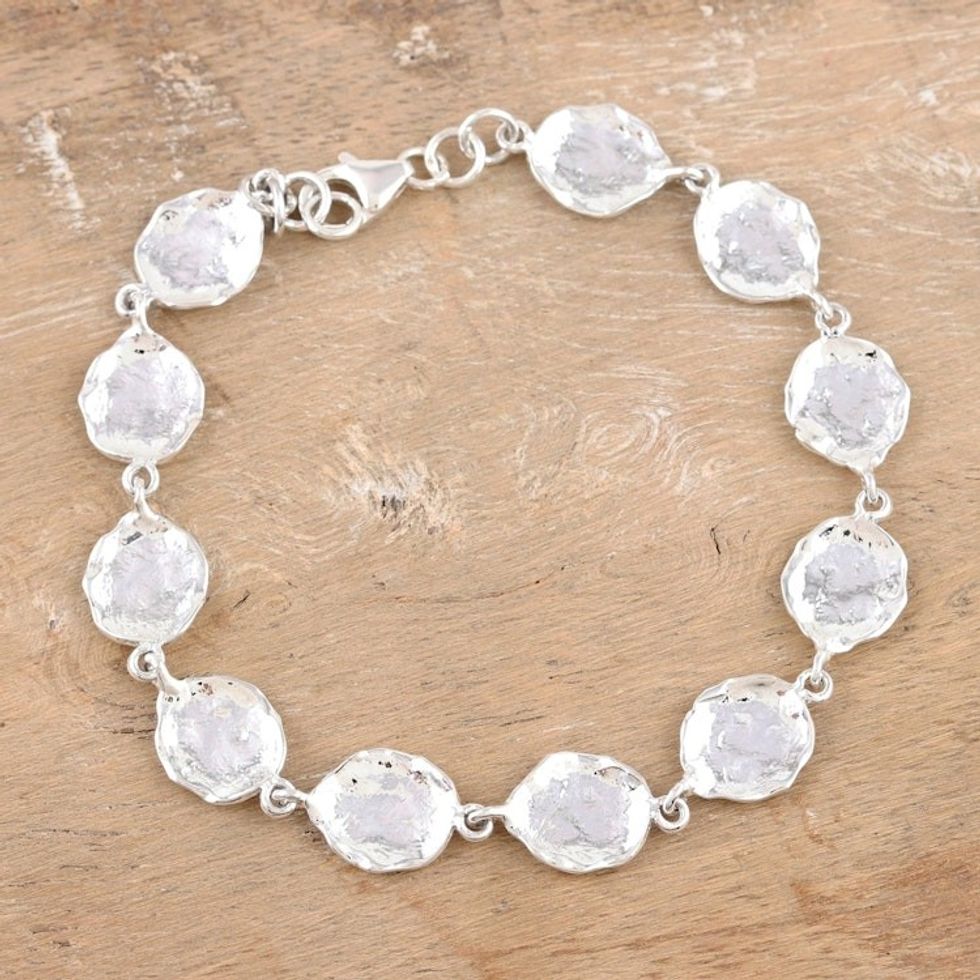 Handcrafted Sterling Silver Link Bracelet from India 'Playful Pebbles'