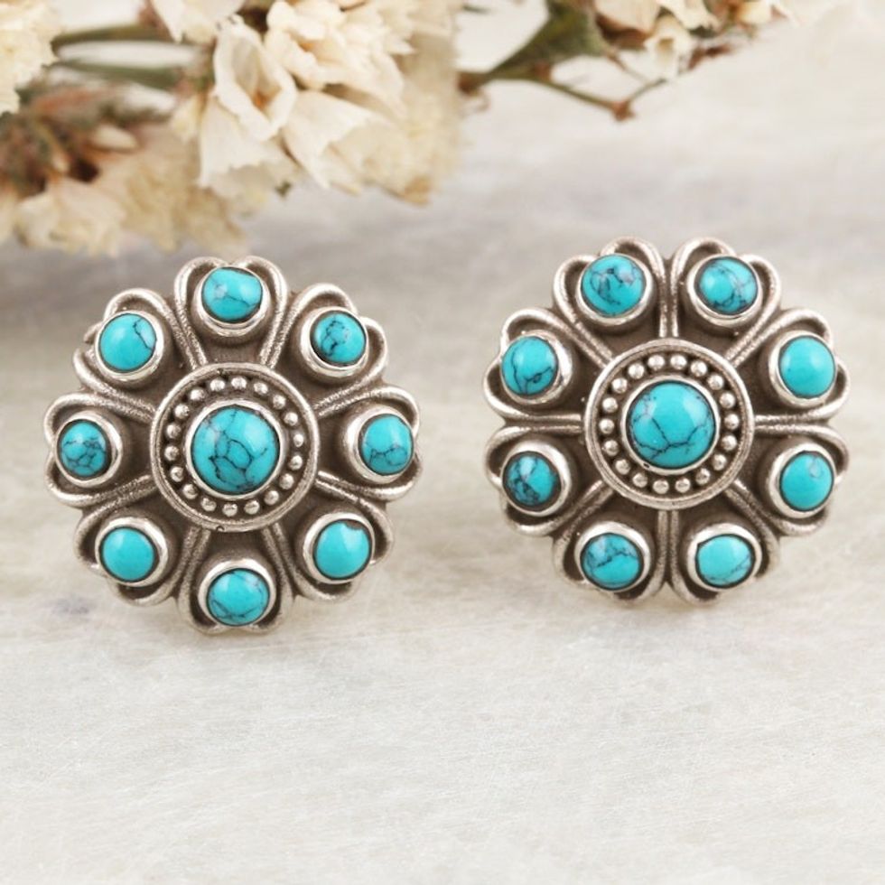 Reconstituted Turquoise and Sterling Silver Button Earrings 'Charming Mysticism'