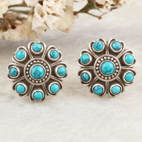 Alternate image for Reconstituted Turquoise and Sterling Silver Button Earrings Charming Mysticism