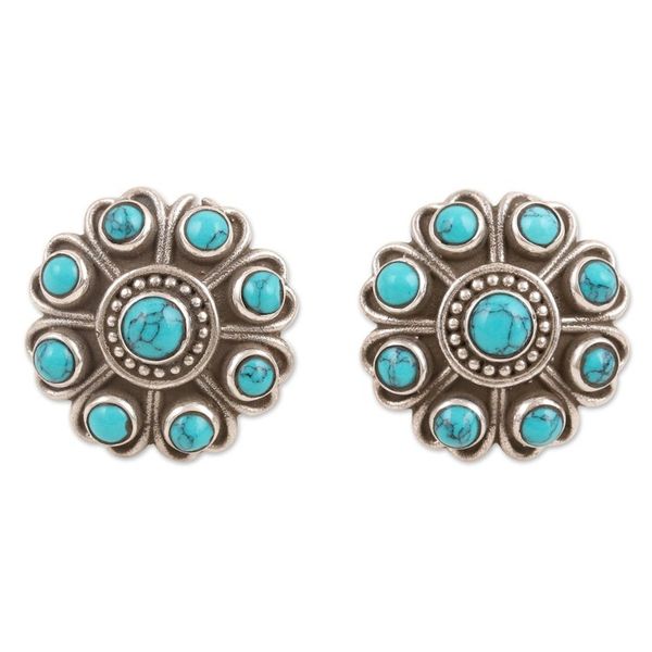 Alternate image for Reconstituted Turquoise and Sterling Silver Button Earrings Charming Mysticism