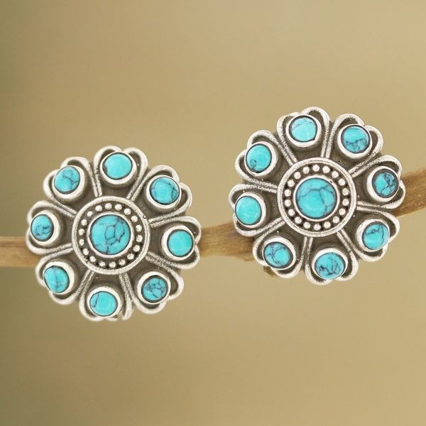 Alternate image for Reconstituted Turquoise and Sterling Silver Button Earrings Charming Mysticism