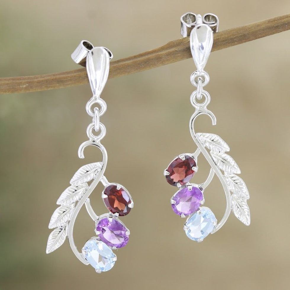 Rhodium-Plated Amethyst and Garnet Dangle Earrings 'Changing Foliage'