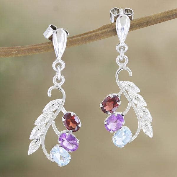 Alternate image for Rhodium-Plated Amethyst and Garnet Dangle Earrings Changing Foliage