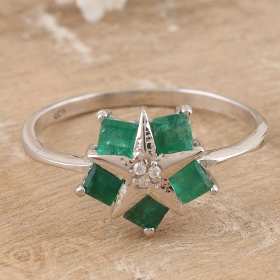 Rhodium-Plated Emerald and Cubic Zirconia Cocktail Ring 'Film Star'